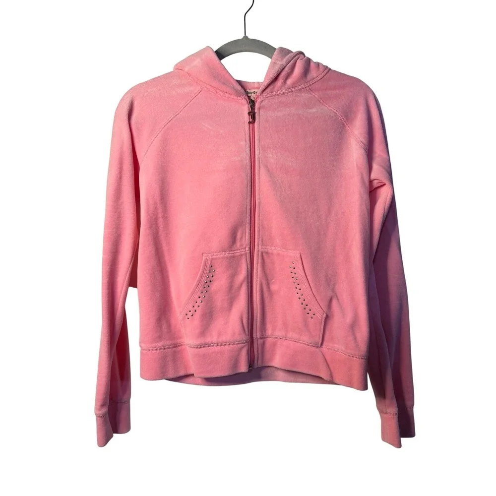 VTG Juicy Couture Hoodie Pink Velour Rhinestone Crest Zip Up Chic Girl XL 16 Y2K